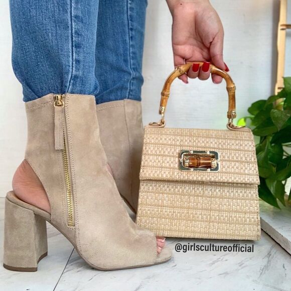Faux Suede Beige Open Toe Bootie - Picture 1 of 5